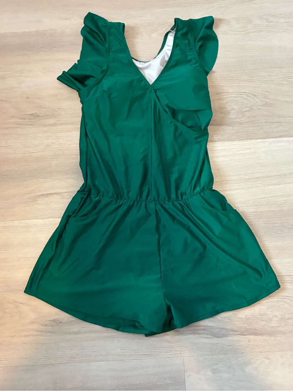 Women's Emerald Green One-Piece Swim Romper with Ruffle Sleeve
